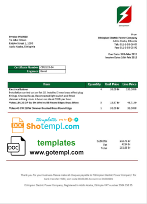 editable template, Ethiopia Ethiopian Electric Power Company electricity utility bill template in Word and PDF format