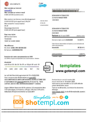 editable template, France EDF proof of address utility bill template in Word and PDF format