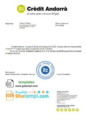 editable template, Andorra Credit Andorra bank reference letter template in Word and PDF format