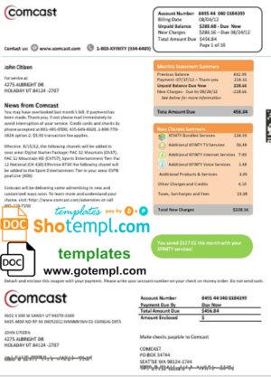 editable template, USA Utah Comcast utility bill template in Word and PDF format version 1