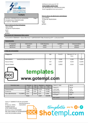 editable template, France Energies & Services Régie Municipal d' Electricité Sarre-Union electricity utility bill template in Word and PDF format, fully editable