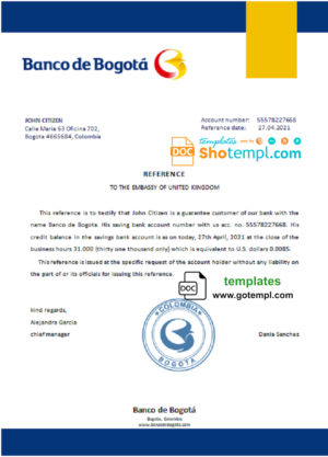 editable template, Colombia Banco de Bogotá bank account reference letter template in Word and PDF format
