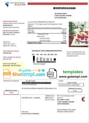 editable template, France Gaz de France Dolcevita utility bill template in Word and PDF format