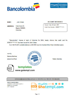 editable template, Colombia Bancolombia bank account reference letter template in Word and PDF format