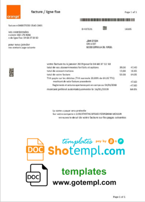 editable template, France Orange utility bill template in Word and PDF format