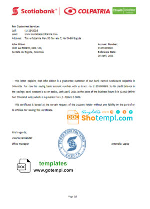 editable template, Colombia Scotiabank Colpatria bank account reference letter template in Word and PDF format