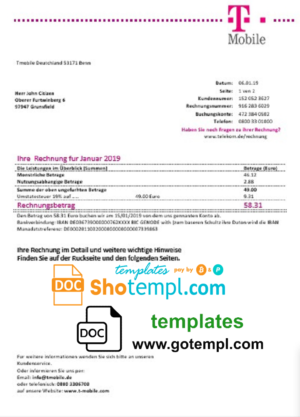 editable template, Germany T Mobile utility bill template in Word and PDF format