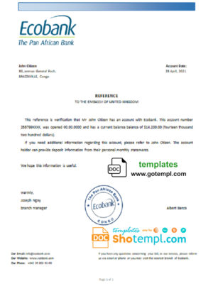 editable template, Congo Ecobank bank account reference letter template in Word and PDF format