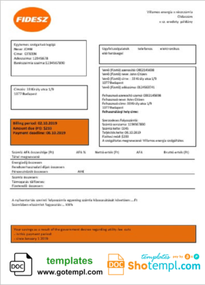 editable template, Hungary FIDESZ easy to fill utility bill template in Word and PDF format