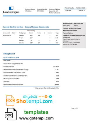 editable template, Iceland National Power Company of Iceland Landsvirkjun electricity utility bill template in Word and PDF