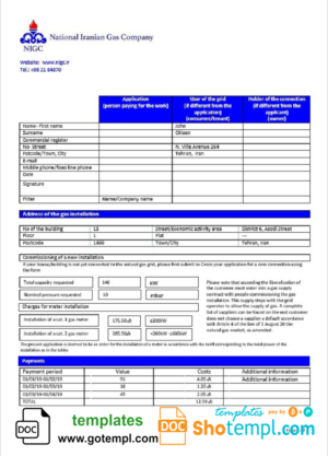 editable template, Iran National Iranian Gas Company gas utility bill template in Word and PDF format