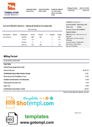 editable template, Israel Electric Corporation utility bill template in Word and PDF format (.doc and .pdf)