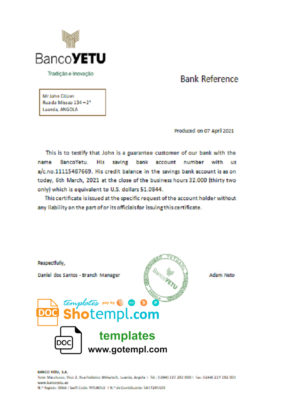 editable template, Angola Banco Yetu bank reference letter template in Word and PDF format