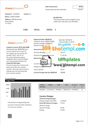 editable template, USA Texas Ambit Energy utility bill template in Word and PDF format
