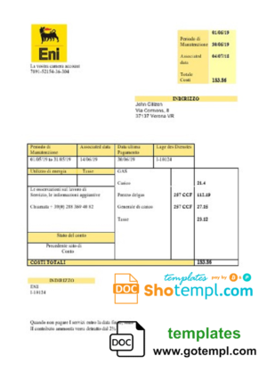editable template, Italy Gas utility bill template in .doc and .pdf format, fully editable