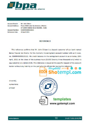 editable template, Cuba Banco Popular de Ahorro (BPA) bank account reference letter template in Word and PDF format