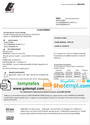 editable template, Italy Linea Italia utility bill template in Word and PDF format