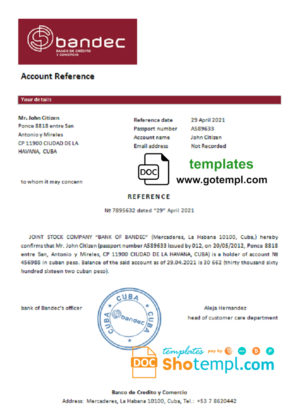editable template, Cuba Bandec Banco de Credito y Comercio bank account reference letter template in Word and PDF format
