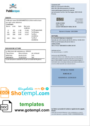 editable template, Italy Publiacqua utility bill template in Word and PDF format