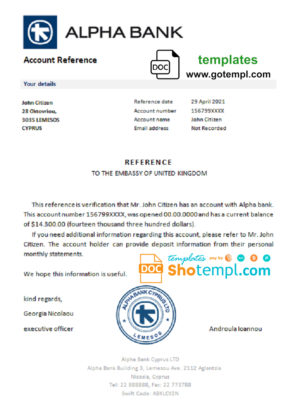 editable template, Cyprus Alpha Bank account reference letter template in Word and PDF format