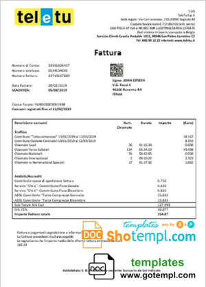 editable template, Italy TeleTu utility bill template in Word and PDF format