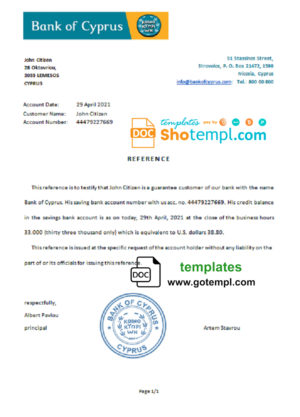 editable template, Cyprus Bank of Cyprus bank account reference letter template in Word and PDF format