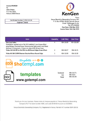 editable template, Kenya KenGen Electricity Generating Company utility bill template in Word and PDF format