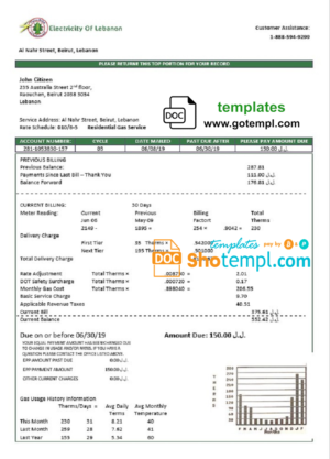 editable template, Lebanon Electricity of Lebanon utility bill template in Word and PDF format