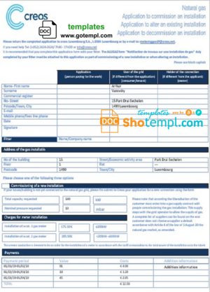 editable template, Luxembourg Creos gas utility bill template in Word and PDF format (.doc and .pdf)