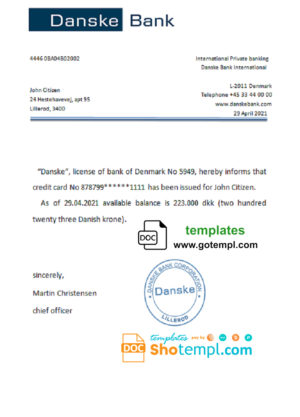 editable template, Denmark Danskebank bank account reference letter template in Word and PDF format