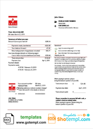 editable template, Monaco SMEG electricity utility bill template in Word and PDF format