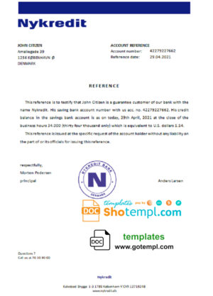 editable template, Denmark Nykredit bank account reference letter template in Word and PDF format