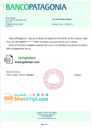 editable template, Argentina Banco Patagonia bank reference letter template in Word and PDF format