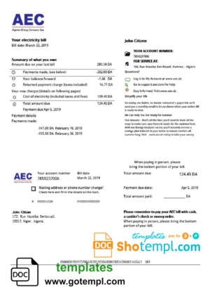 editable template, Algeria AEC Algerian Energy Company utility bill template in Word and PDF format