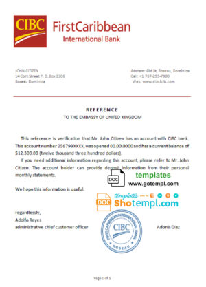 editable template, Dominica CIBC First Caribbean International bank account reference letter template in Word and PDF format