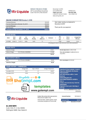 editable template, New Zealand Air Liquide gas utility bill template in Word and PDF format