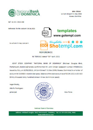 editable template, Dominica National Bank of Dominica bank account reference letter template in Word and PDF format
