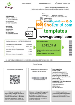 editable template, Poland Energa utility bill template in Word and PDF format
