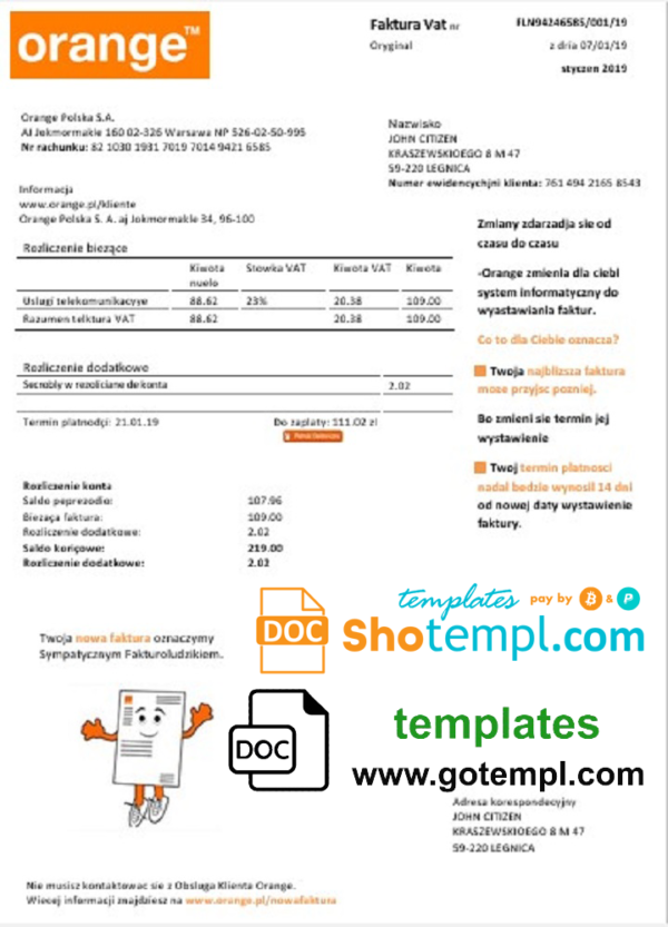 editable template, Poland Orange utility bill template in Word and PDF format