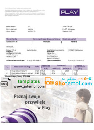 editable template, Poland Play utility bill template in Word and PDF format, fully editable