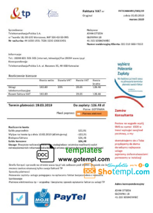 editable template, Poland TP utility bill template in Word and PDF format