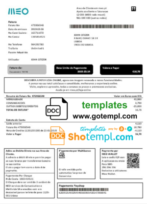 editable template, Portugal MEO utility bill template in Word and PDF format, fully editable