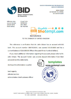 editable template, Ecuador Banco Interamericano de Desarrollo (BID) bank account reference letter template in Word and PDF format
