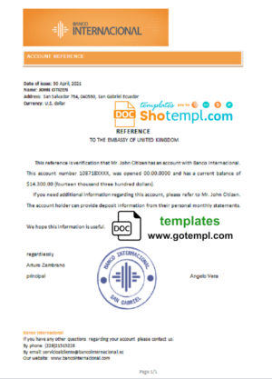 editable template, Ecuador Banco Internacional bank account reference letter template in Word and PDF format