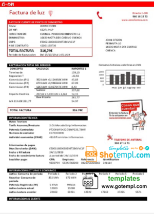 editable template, Spain E.ON electricity utility bill template in Word and PDF format