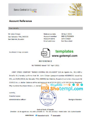 editable template, Ecuador Central Bank of Ecuador bank account reference letter template in Word and PDF format