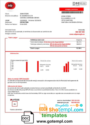 editable template, Spain EDP Energia utility bill template in Word and PDF format