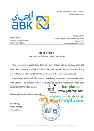 editable template, Egypt Al Ahli Bank of Kuwait bank account reference letter template in Word and PDF format