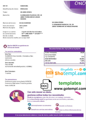 editable template, Spain ONO easy fillable utility bill template in Word and PDF format (.doc and .pdf)