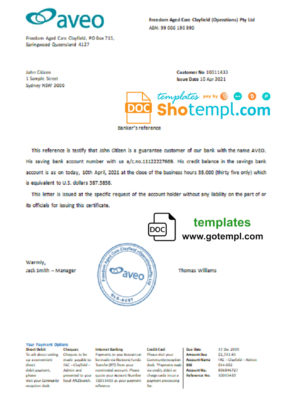 editable template, Australia Aveo bank account reference letter template in Word and PDF format